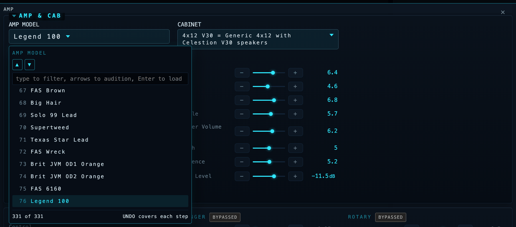 Auditioning amp models: a filtered list stepped with the arrow keys
