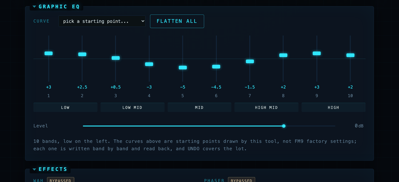 The graphic EQ: ten vertical faders over a range strip, with a curve picker and FLATTEN ALL