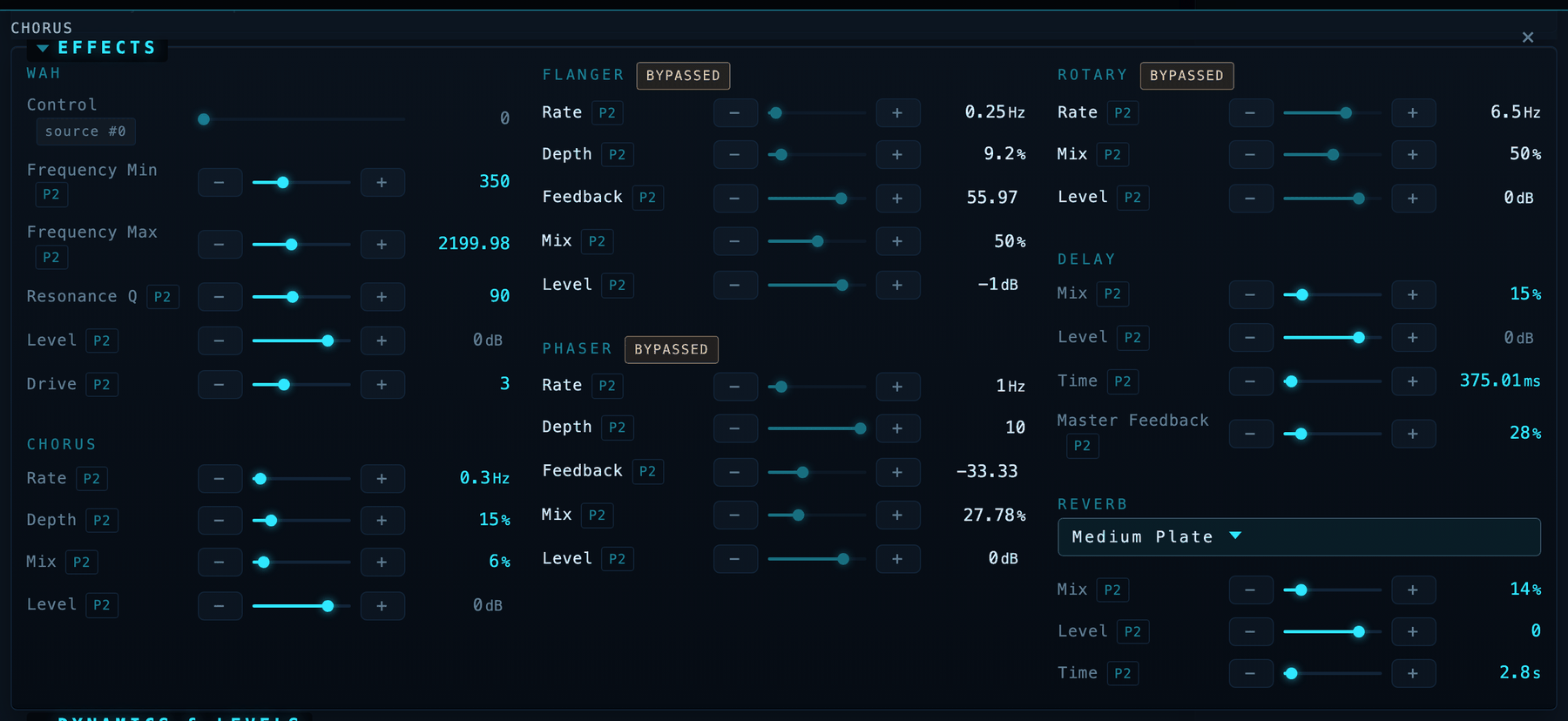 Bypassed blocks badged, a modifier-driven parameter naming its source, and P2 buttons on every bindable row