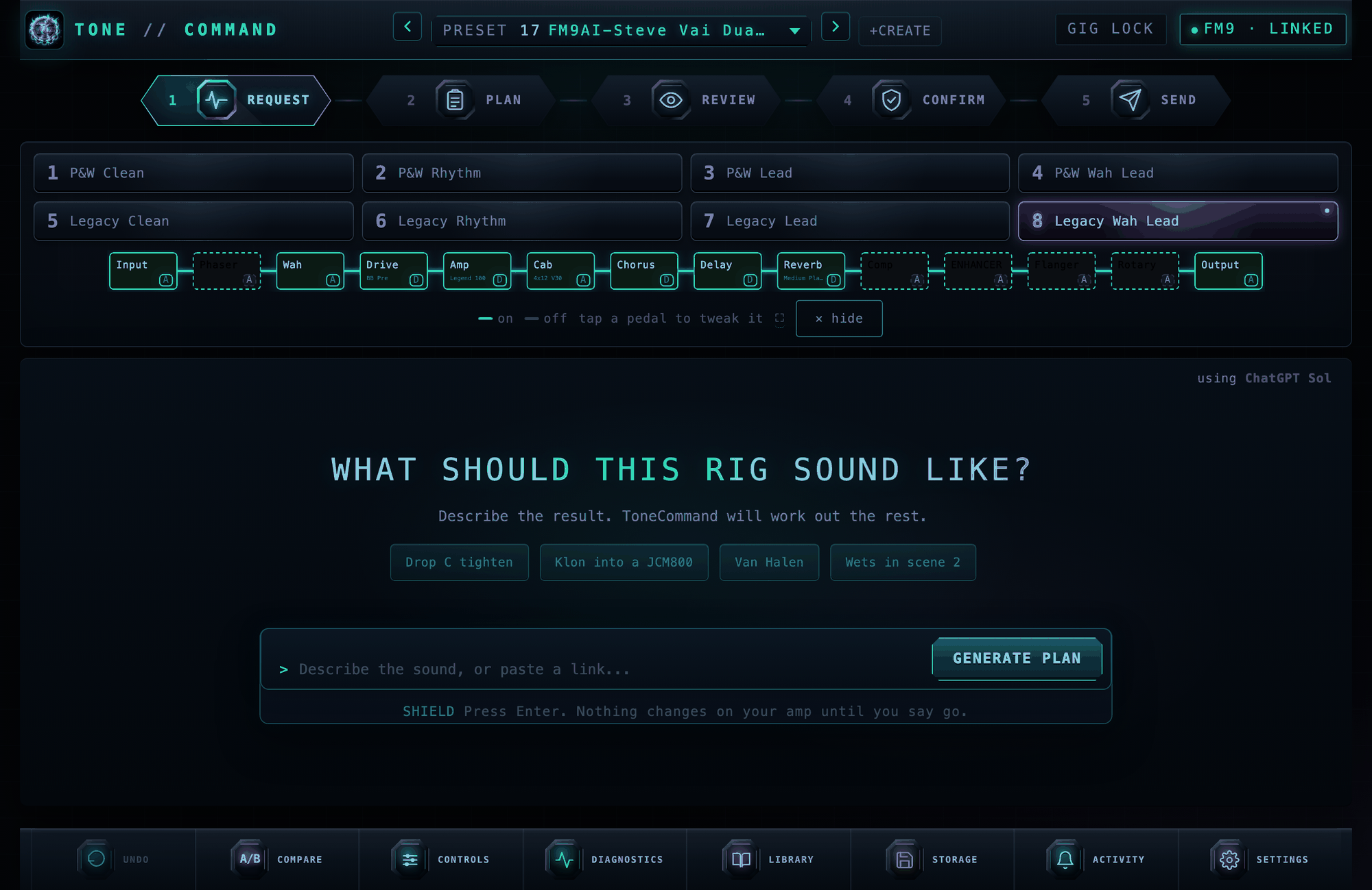 The ToneCommand interface: scenes, the live routing grid, the command bar, the amp and cab panel and the graphic EQ